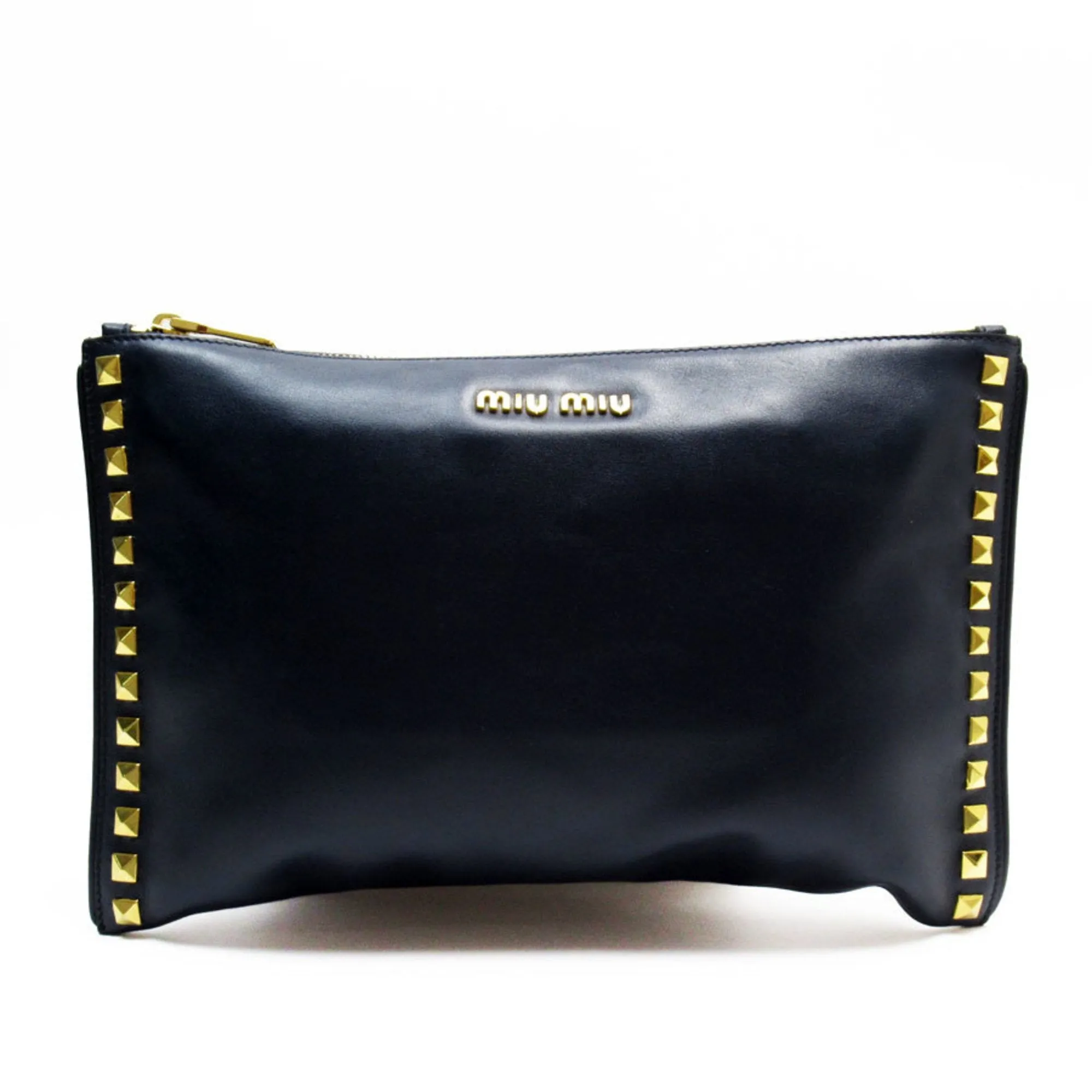 miu miu Clutch Bag Leather Metal Navy Gold Men's Women's w0877k