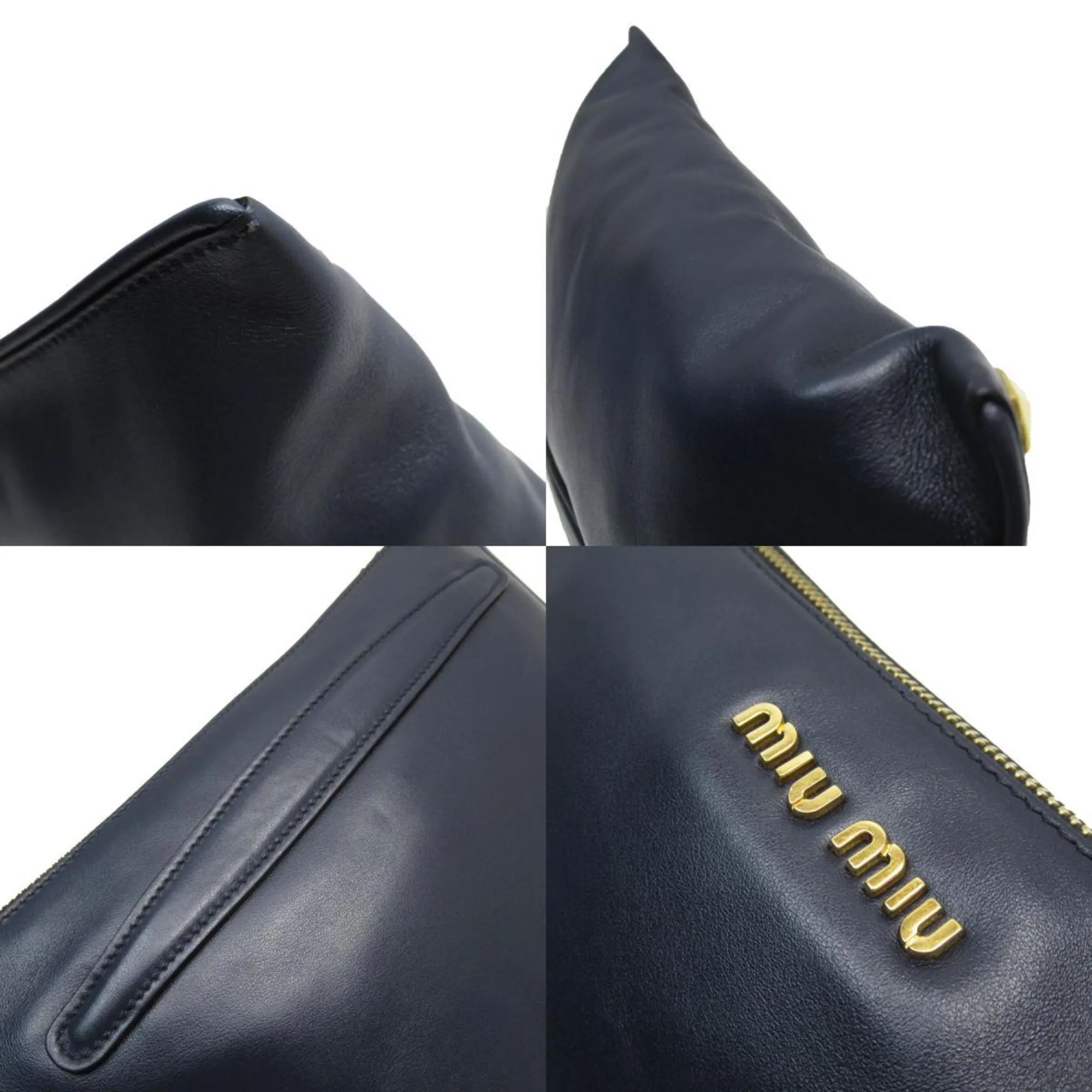 miu miu Clutch Bag Leather Metal Navy Gold Men's Women's w0877k