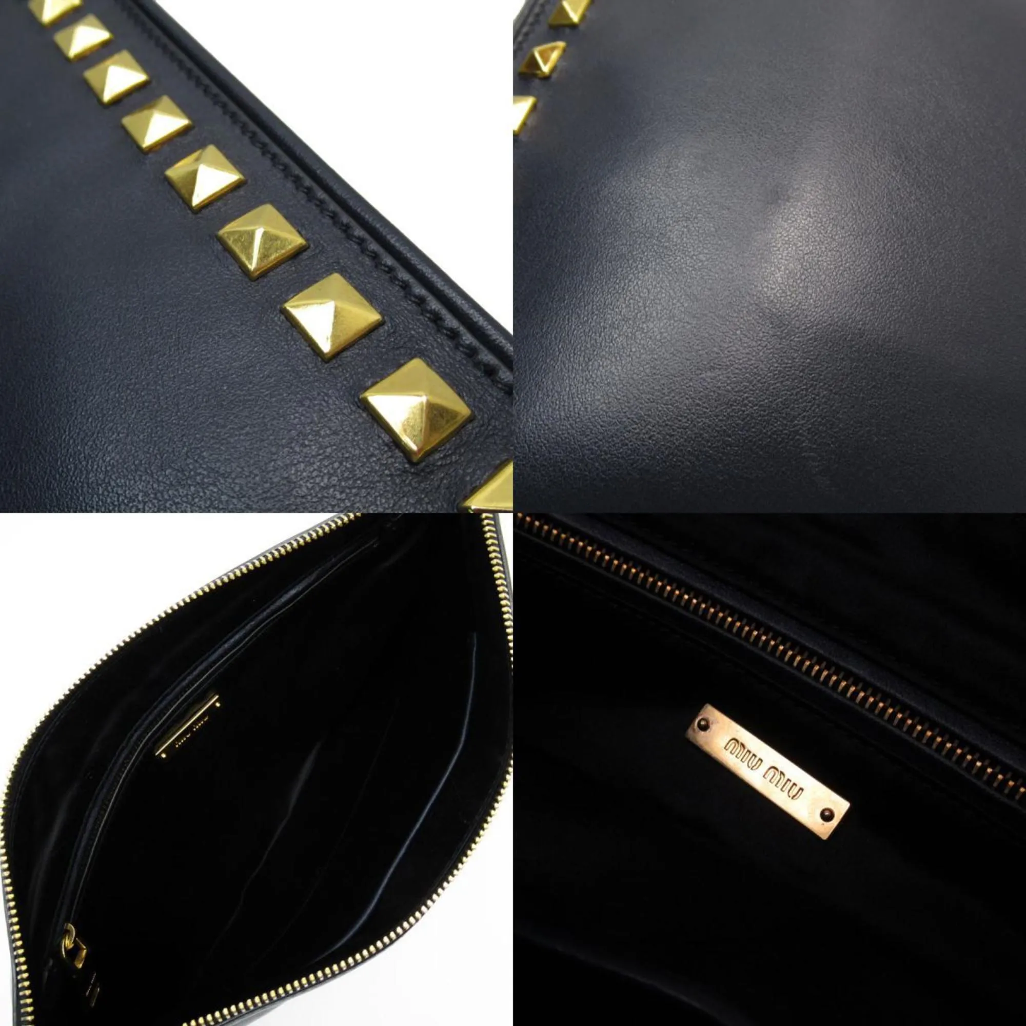 miu miu Clutch Bag Leather Metal Navy Gold Men's Women's w0877k