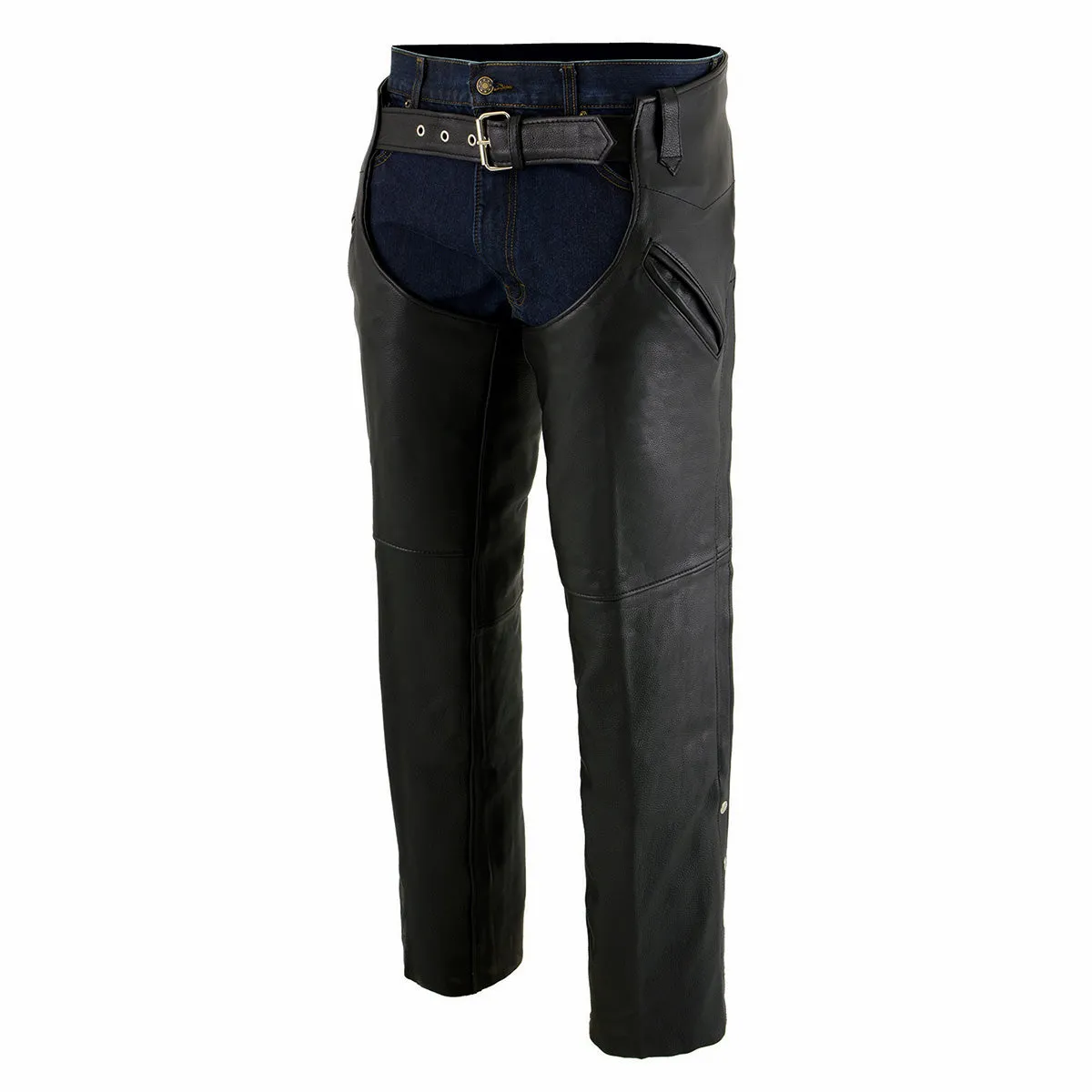 ML1103N Chaps for Men's Black Naked Leather Snap Out Thermal Lined - Slash Pocket Motorcycle Chap- ML1103