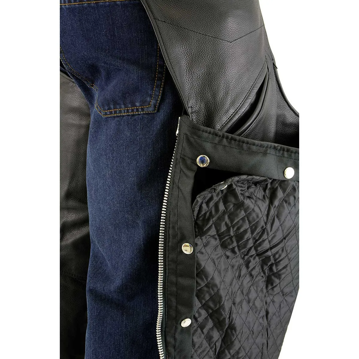 ML1103N Chaps for Men's Black Naked Leather Snap Out Thermal Lined - Slash Pocket Motorcycle Chap- ML1103