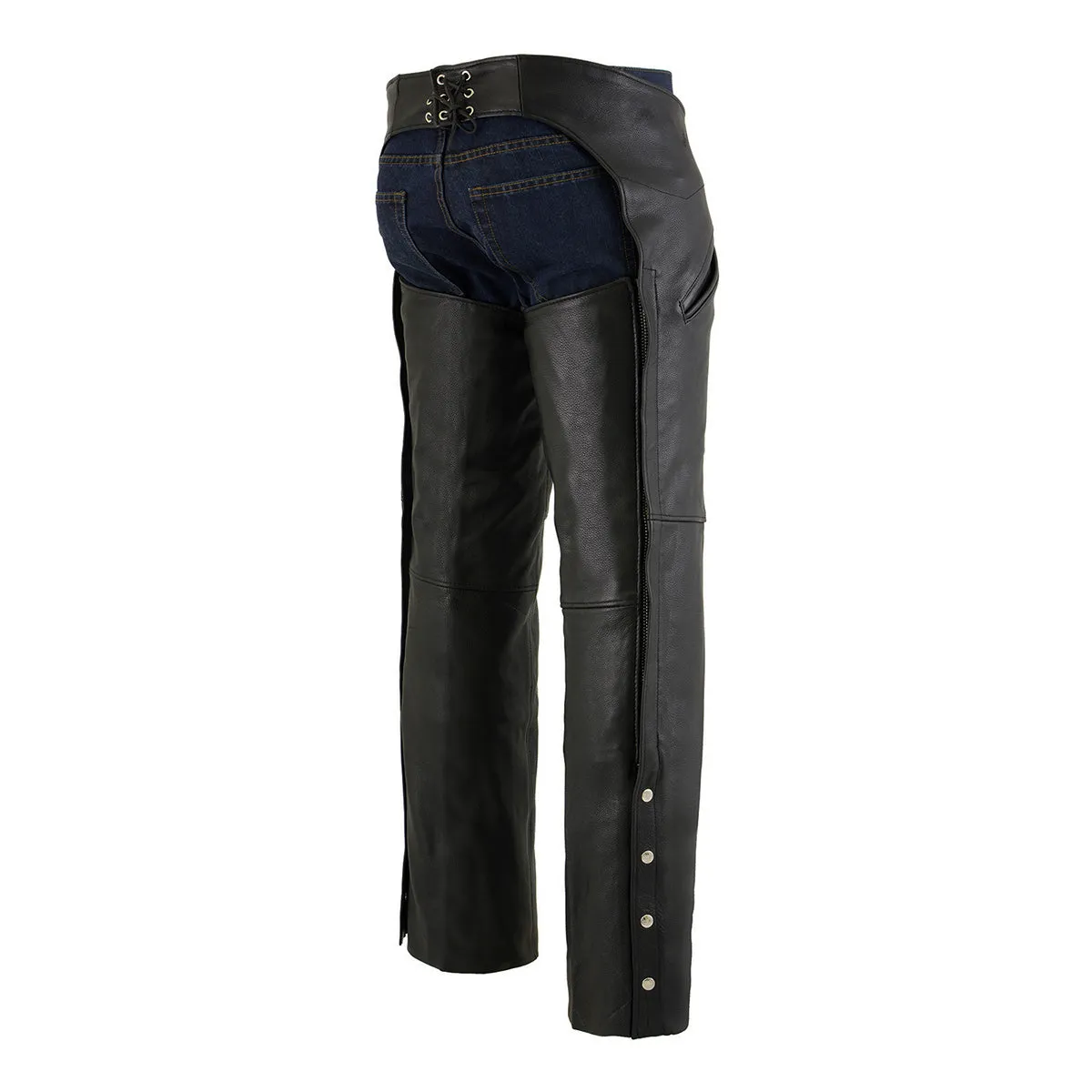 ML1103N Chaps for Men's Black Naked Leather Snap Out Thermal Lined - Slash Pocket Motorcycle Chap- ML1103