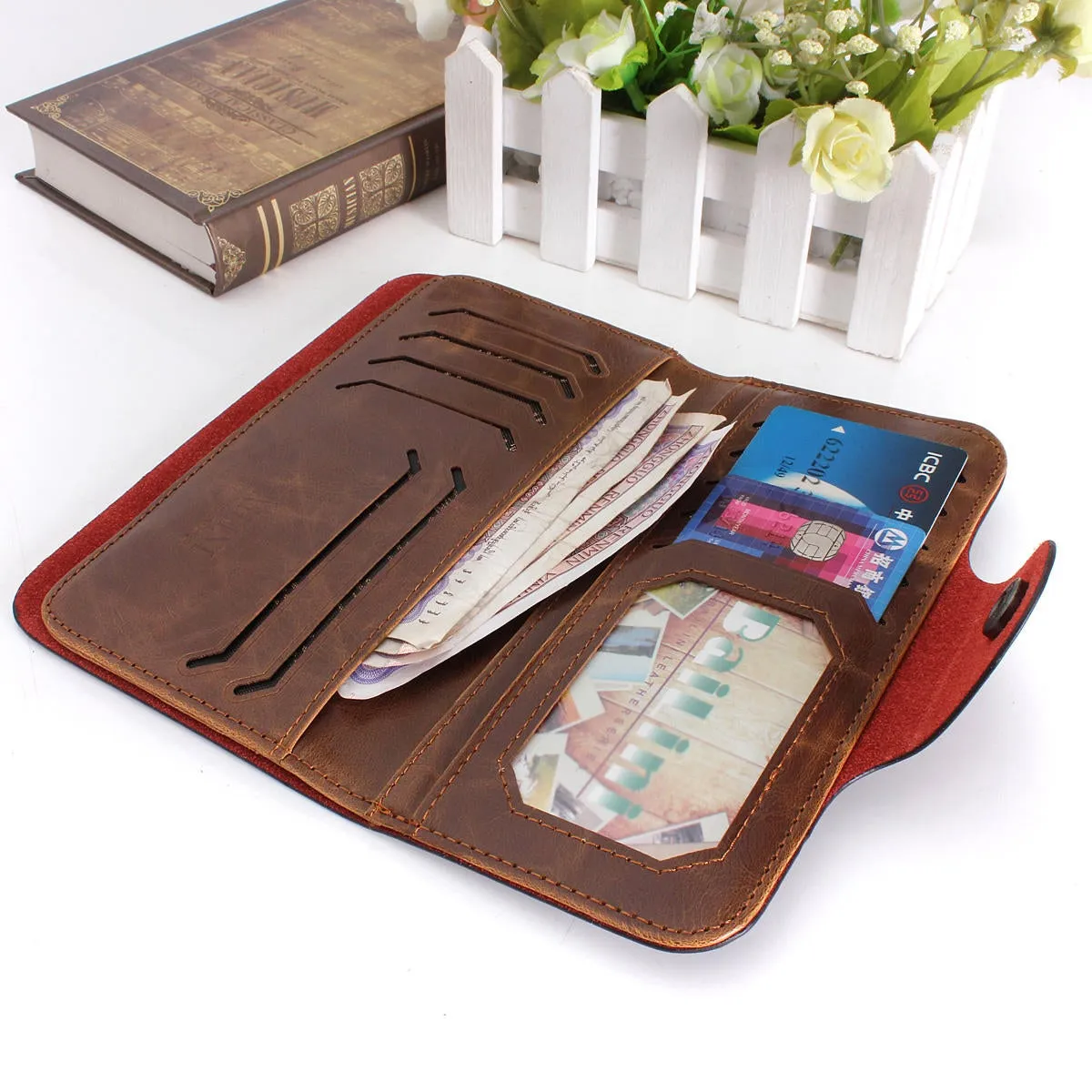 New Men's Leather Long Vintage Wallet Pockets ID Card Clutch Cente Bifold Purse