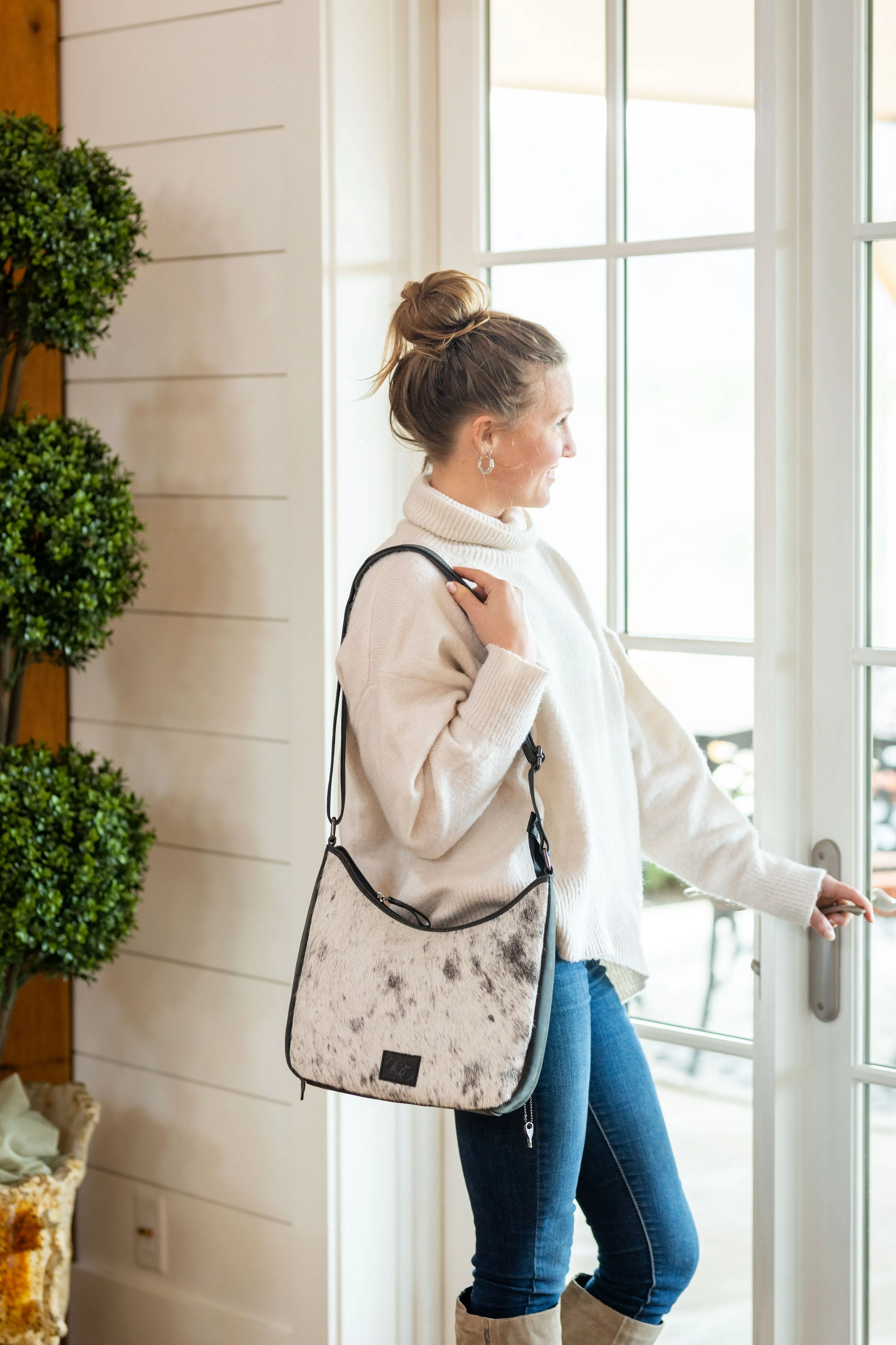 Penny | Leather Concealed Carry Crossbody, Shoulder Bag | Western Boho Style Hair-On Cowhide Accents | Locking Exterior Concealment Pocket