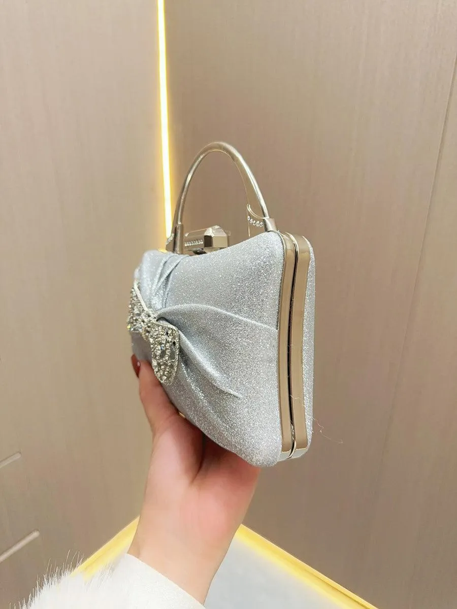 Pleated Rhinestone Silver Tote Bag MNBF102