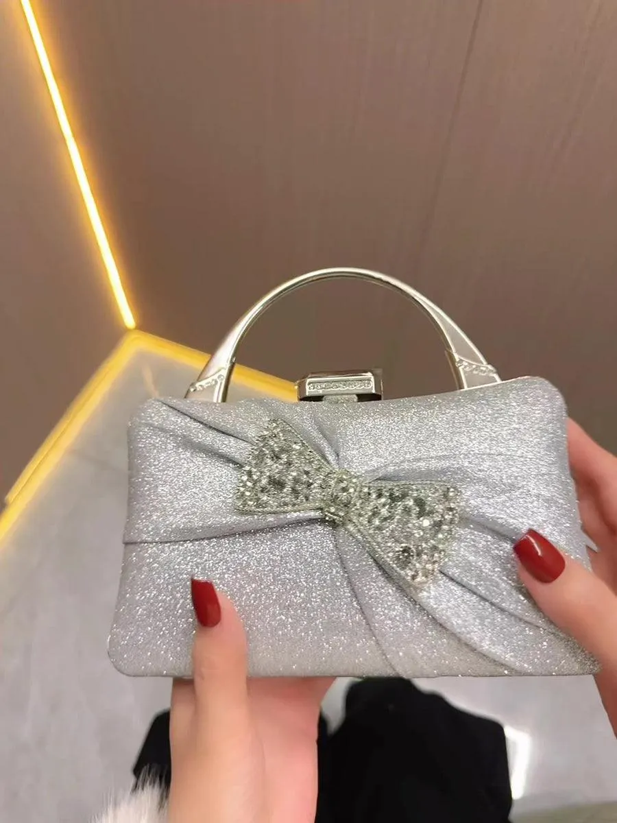 Pleated Rhinestone Silver Tote Bag MNBF102