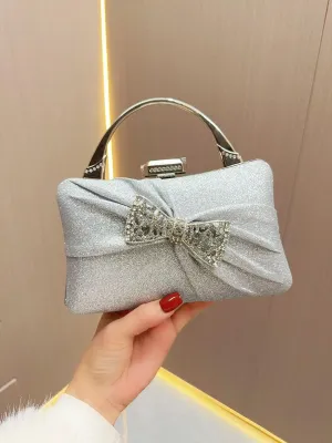 Pleated Rhinestone Silver Tote Bag MNBF102