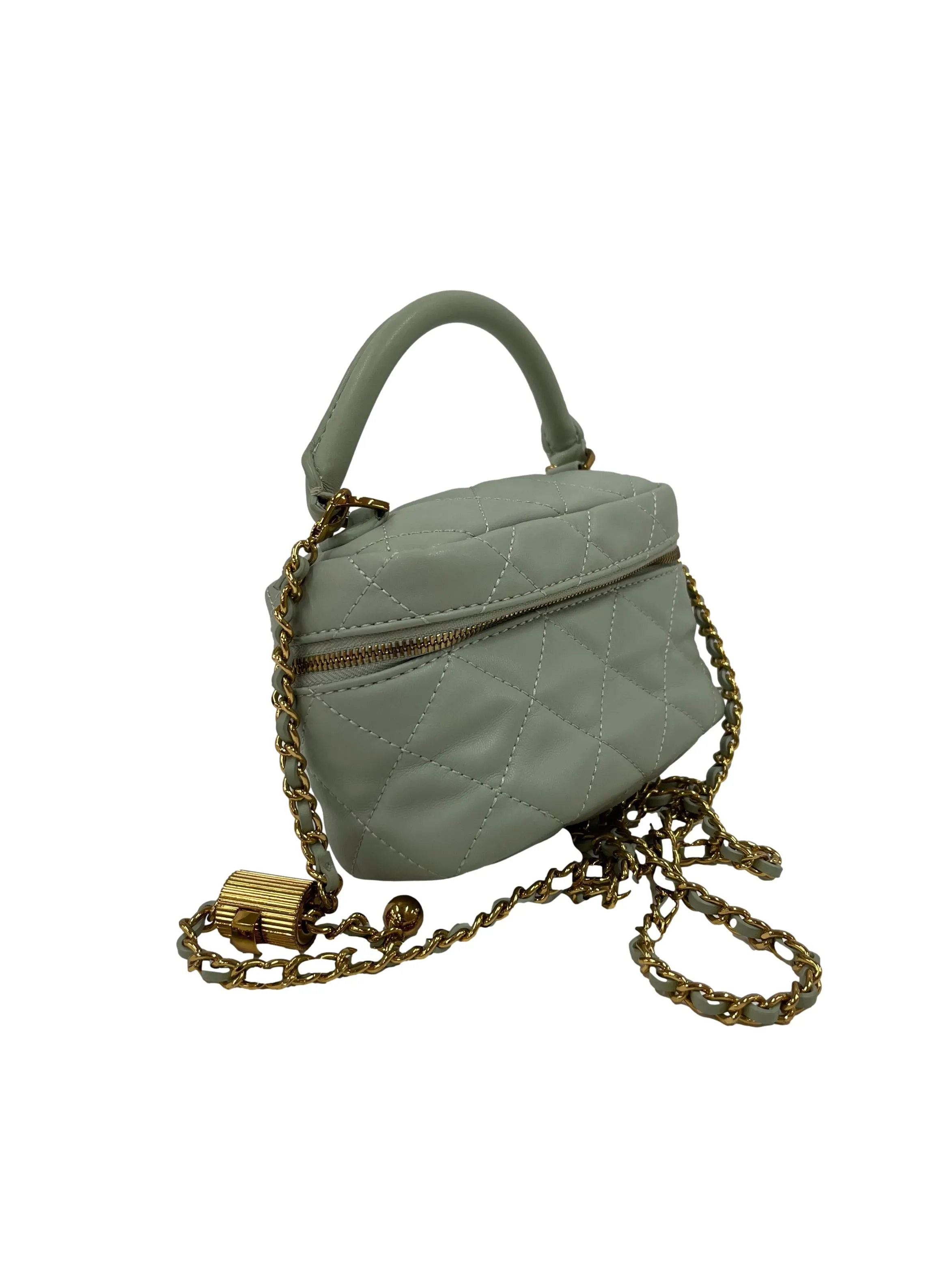Quilted Round Pouch In Mint Green