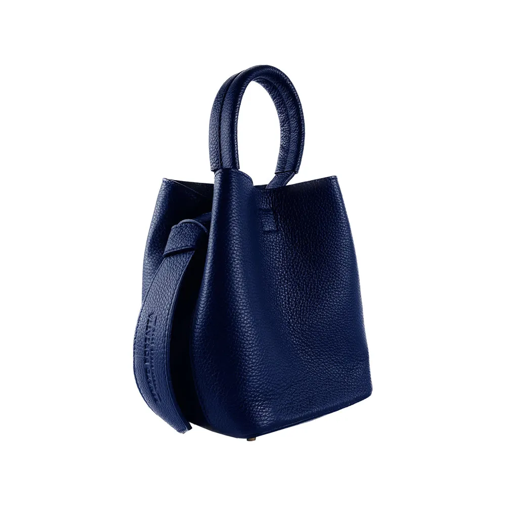 RB1006D | Bucket Bag with Clutch in Genuine Leather Made in Italy. Shoulder bag with shiny gold metal lobster clasp attachments - Blue color - Dimensions: 16 x 14 x 21 cm   Handle 13 cm