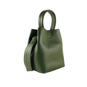 RB1006E | Bucket Bag with Clutch in Genuine Leather Made in Italy. Shoulder bag with shiny gold metal lobster clasp attachments - Green color - Dimensions: 16 x 14 x 21 cm   Handle 13 cm