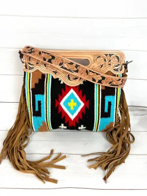 Red Yellow Turquoise Black Wool Pattern Leather Clutch Crossbody