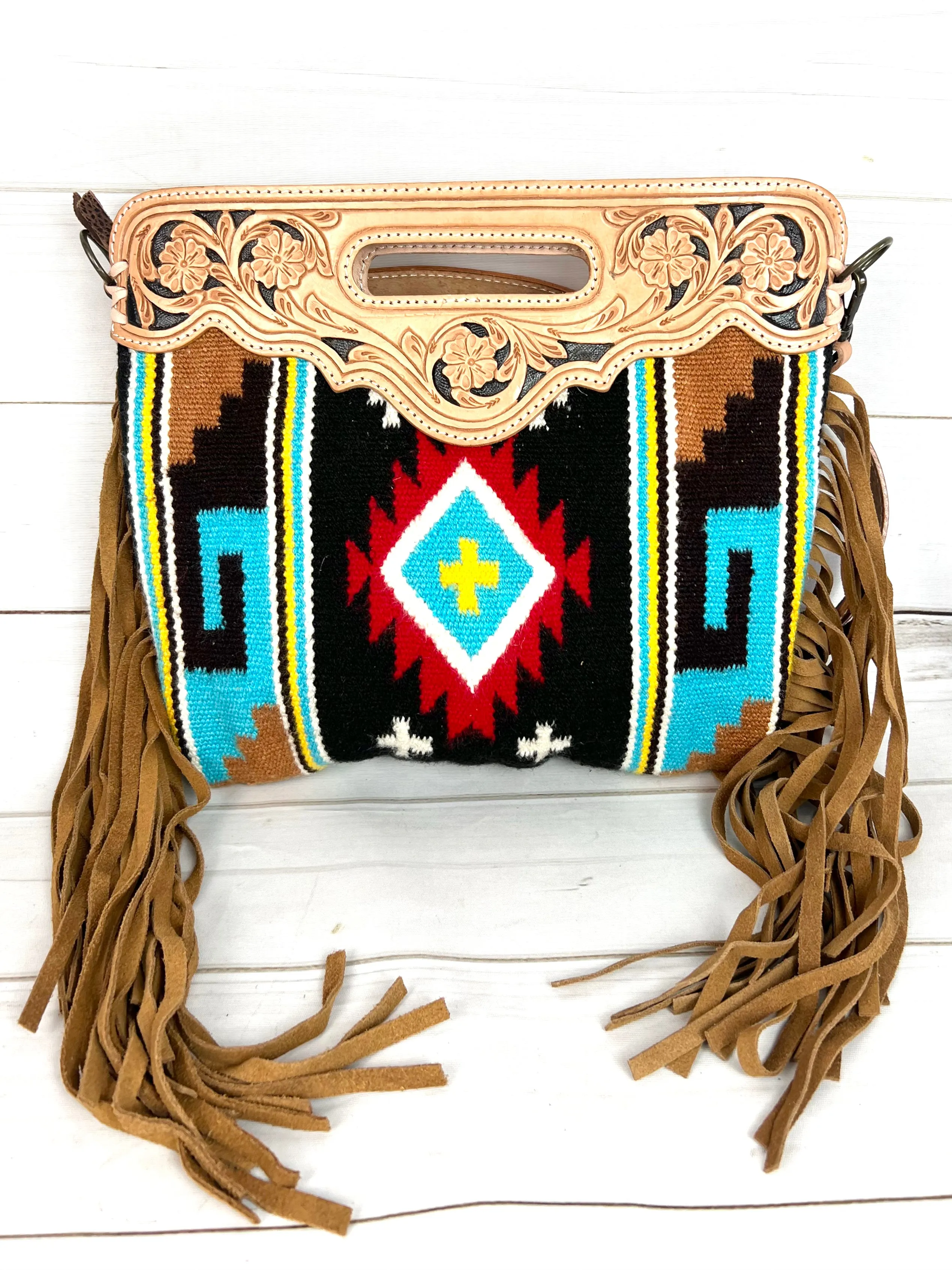 Red Yellow Turquoise Black Wool Pattern Leather Clutch Crossbody