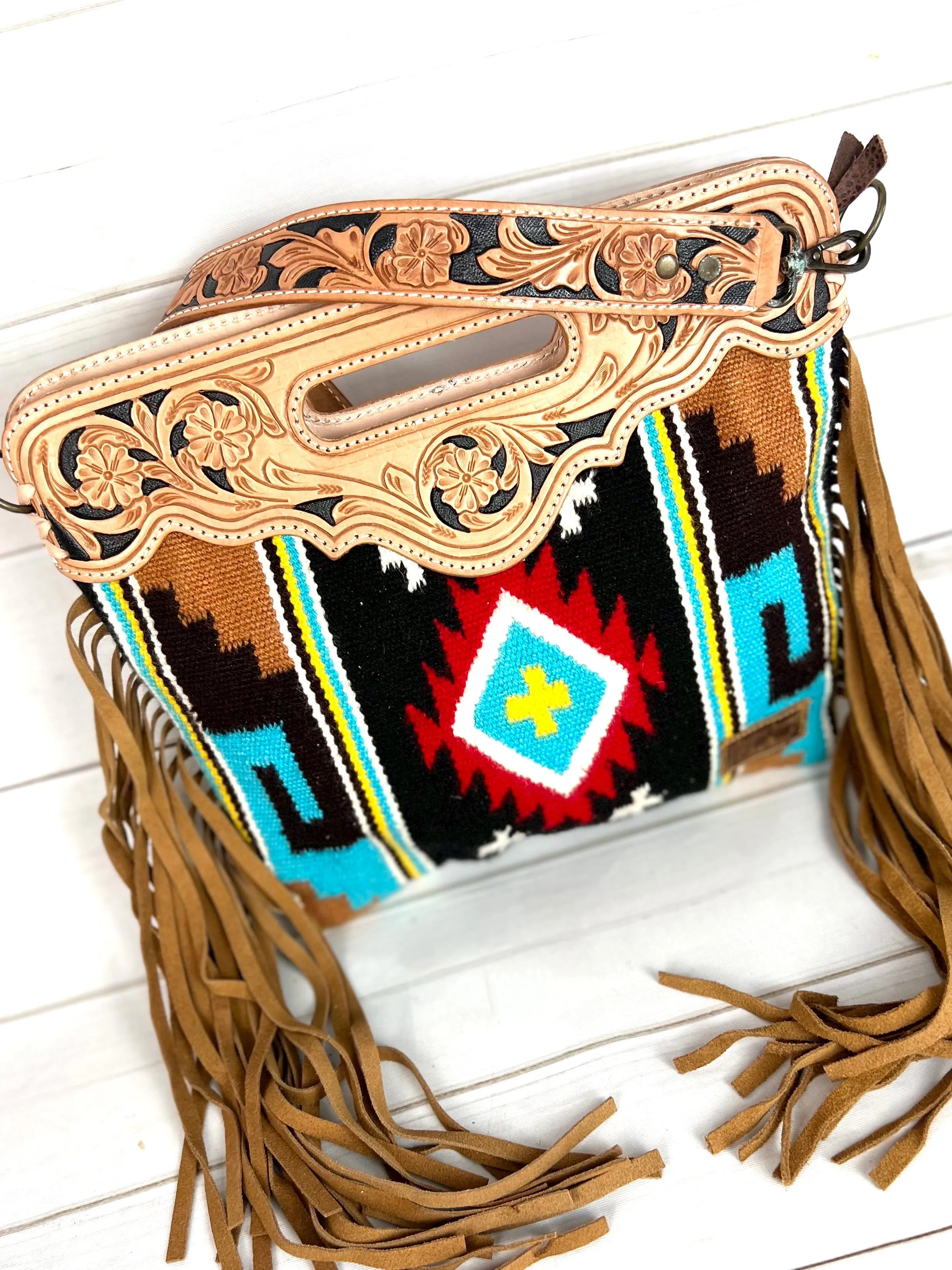 Red Yellow Turquoise Black Wool Pattern Leather Clutch Crossbody