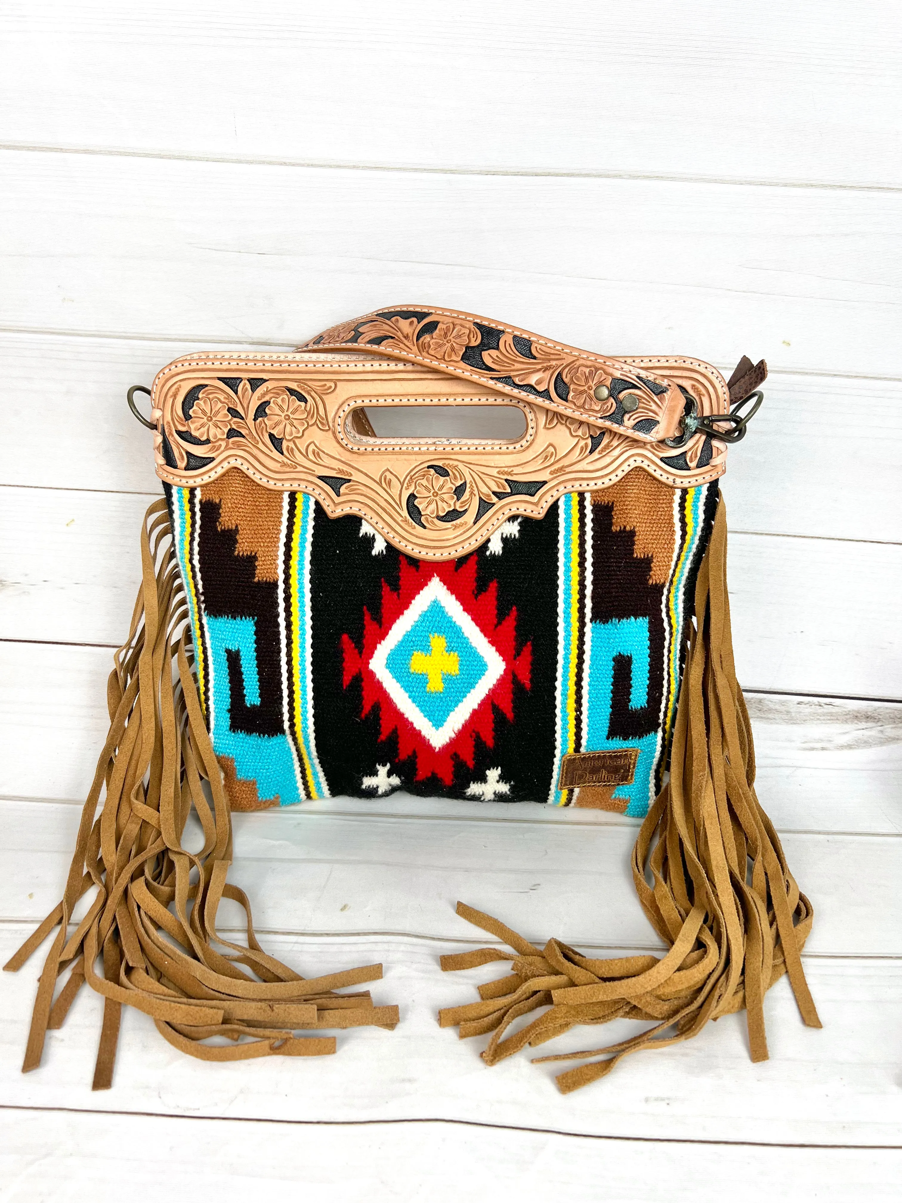 Red Yellow Turquoise Black Wool Pattern Leather Clutch Crossbody