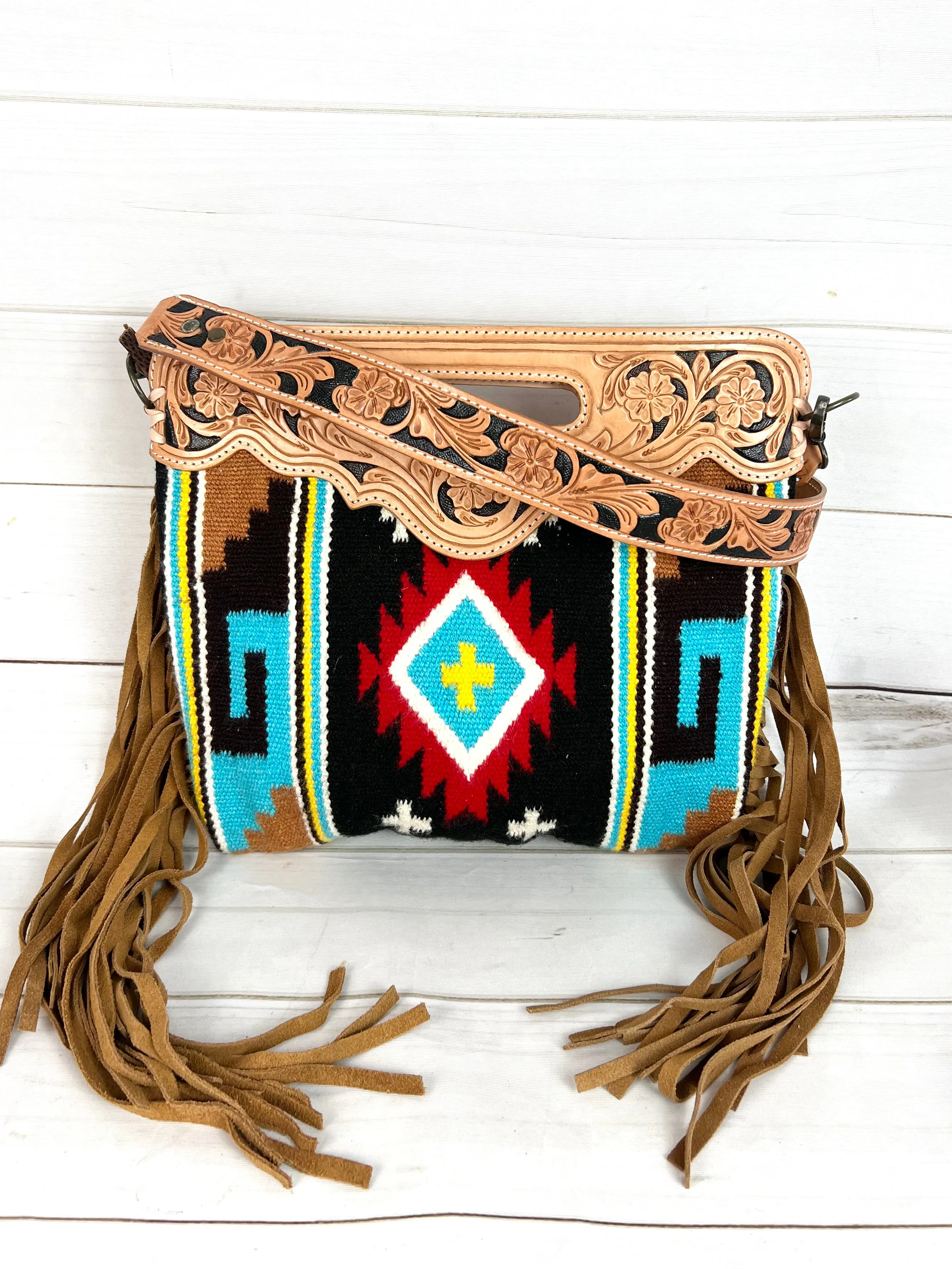 Red Yellow Turquoise Black Wool Pattern Leather Clutch Crossbody