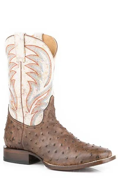Roper Footwear Men's Tan Embossed Ostrich Print Broad Square Toe Boots with Vintage White Tops