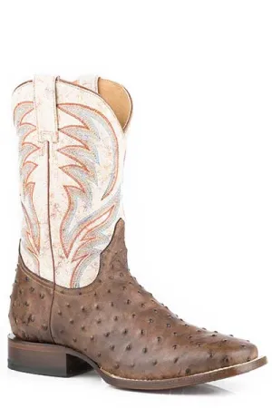 Roper Footwear Men's Tan Embossed Ostrich Print Broad Square Toe Boots with Vintage White Tops