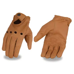 Saddle Tan MG7508 Men's Saddle Perforated Leather Full Finger Motorcycle Hand Gloves W/ Breathable ‘Open Knuckle’