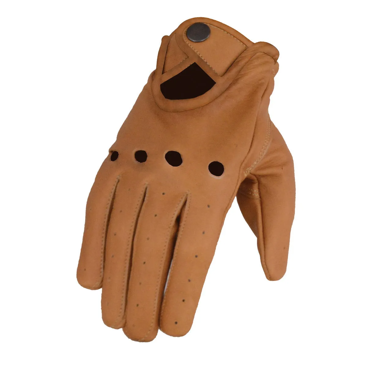 Saddle Tan MG7508 Men's Saddle Perforated Leather Full Finger Motorcycle Hand Gloves W/ Breathable ‘Open Knuckle’