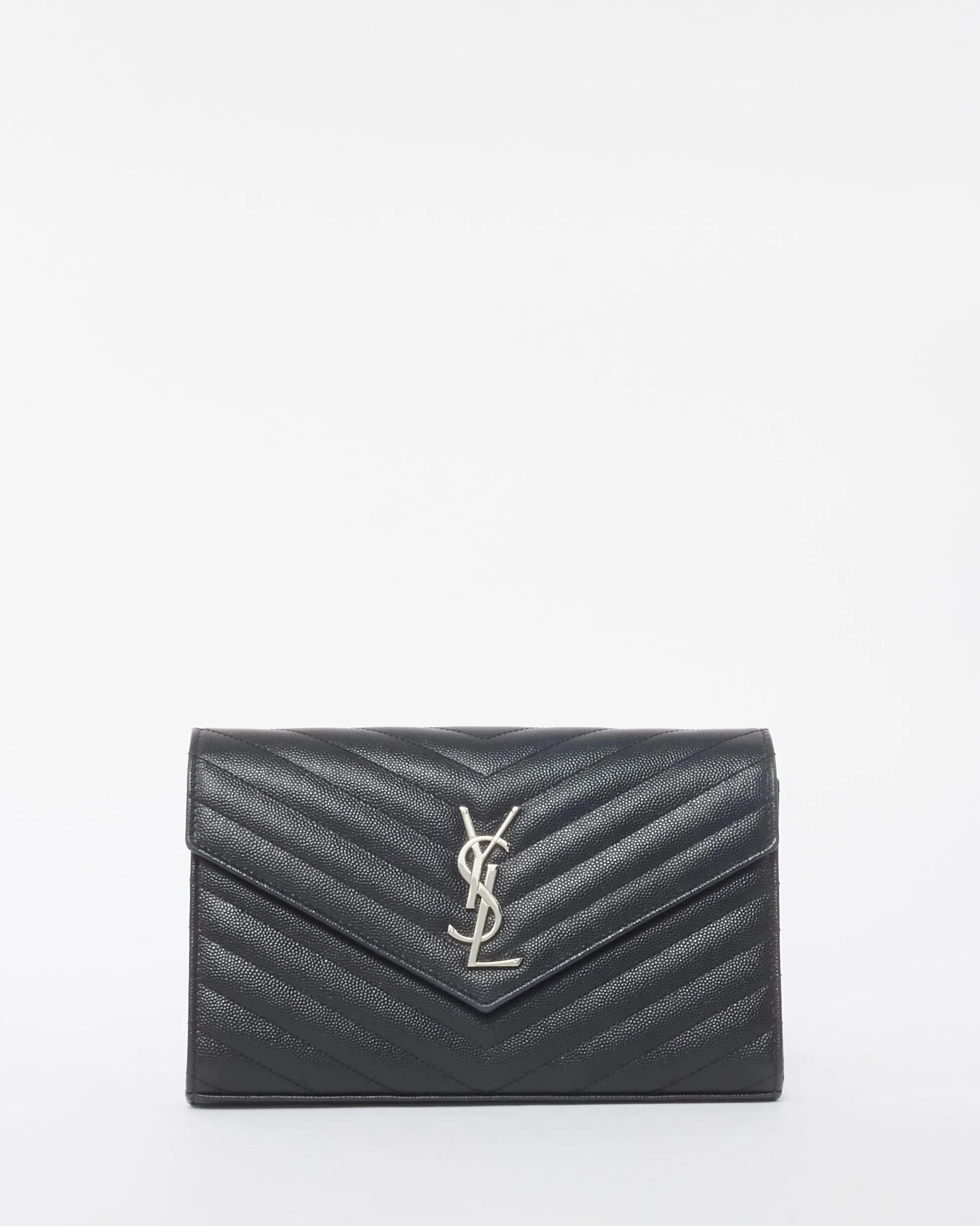 Saint Laurent Black Grain de Poudre Leather Classic Cassandre Chain Wallet Crossbody