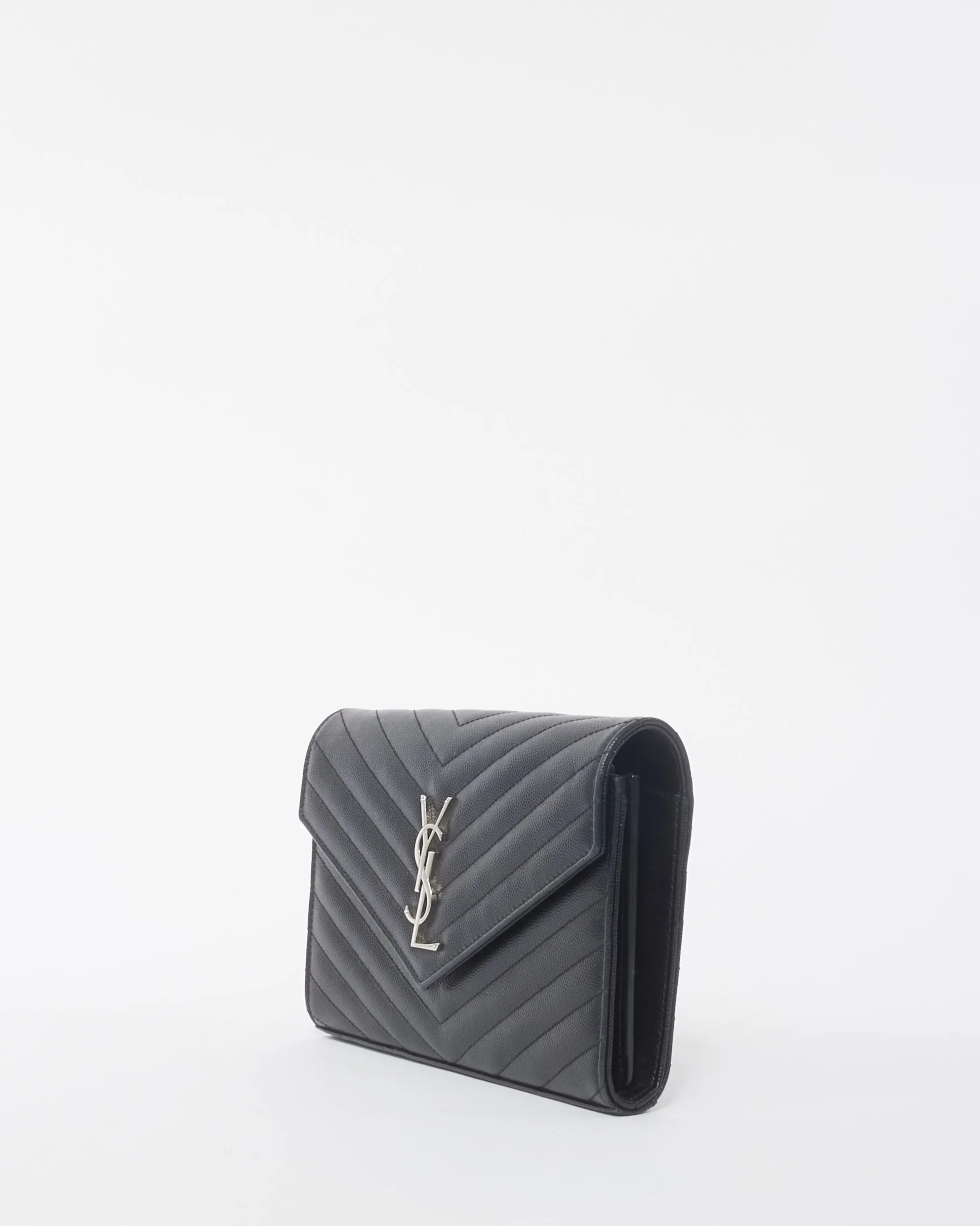 Saint Laurent Black Grain de Poudre Leather Classic Cassandre Chain Wallet Crossbody