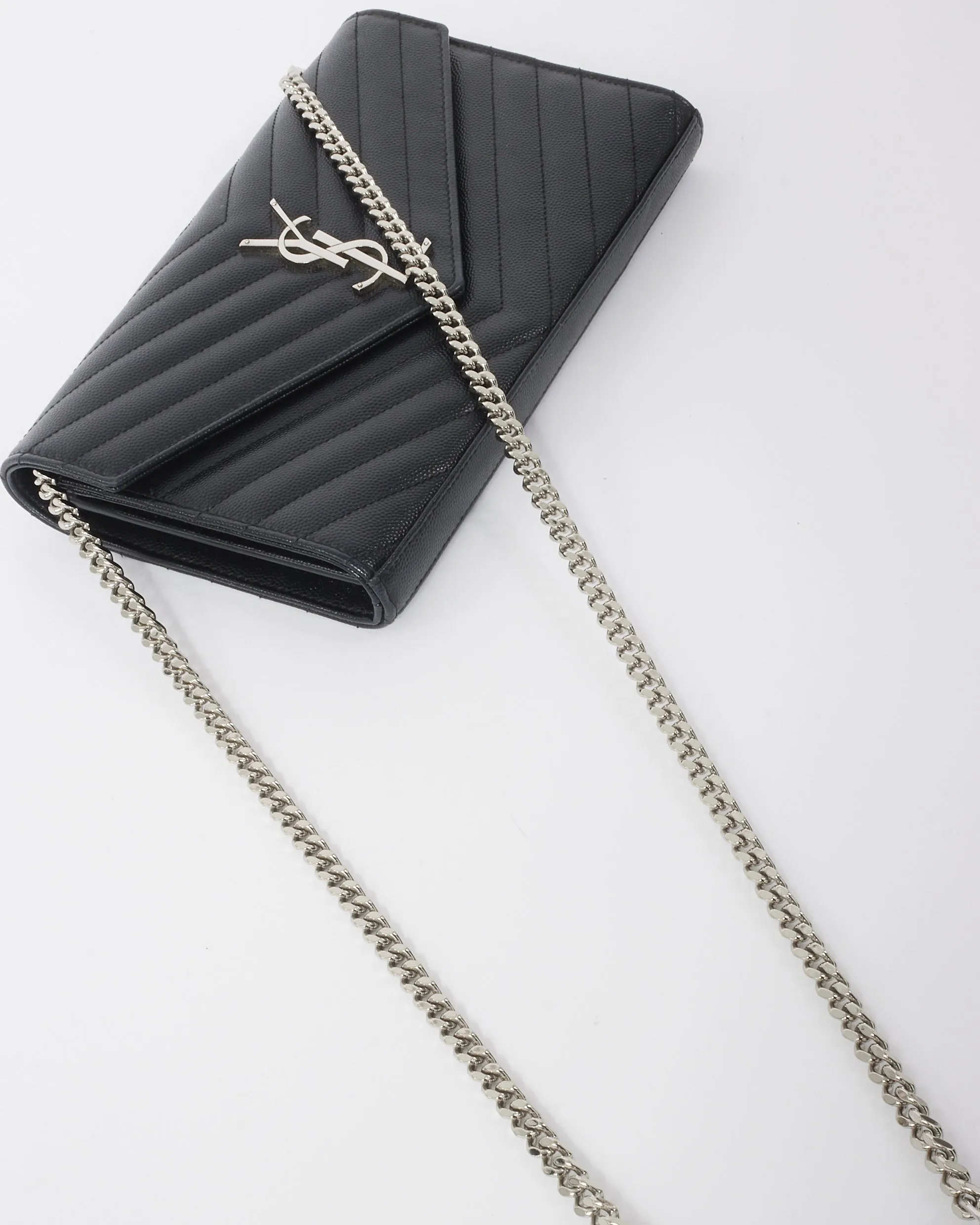 Saint Laurent Black Grain de Poudre Leather Classic Cassandre Chain Wallet Crossbody