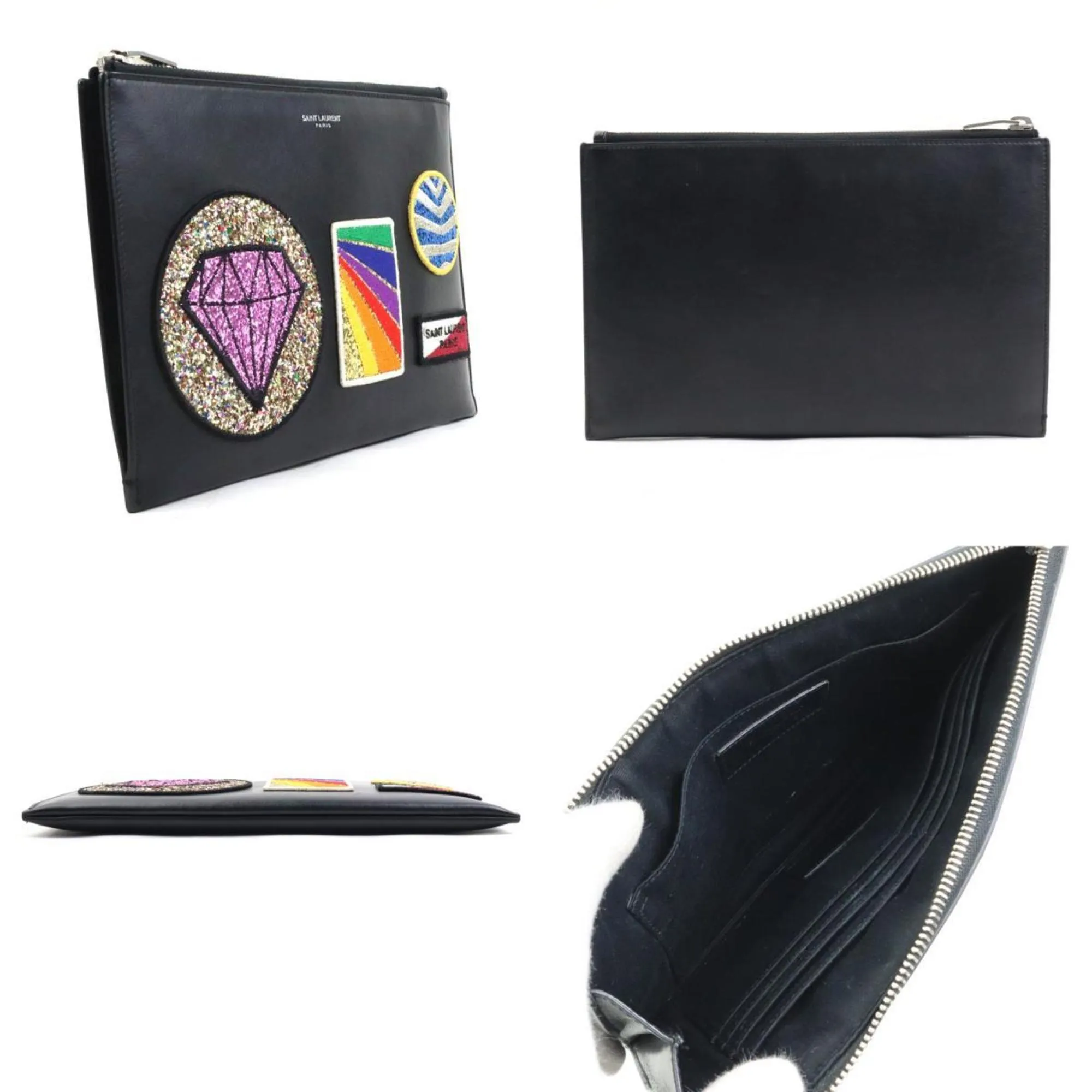 Saint Laurent Clutch Bag Leather Black Multicolor Men's Women's e59592k