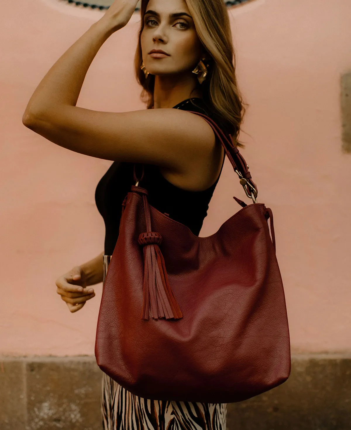 Shoulder Bag Bacalar Bis Burgundy / Maroon Leather