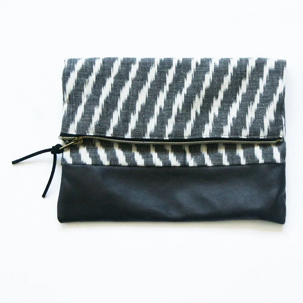 SOLD OUT Fold Over Clutch Black Leather Ikat Zipper Pouch Evening Clutch