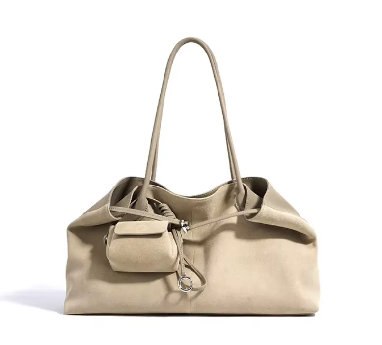 Suede and Leather Tote Bag with Detachable Pouch