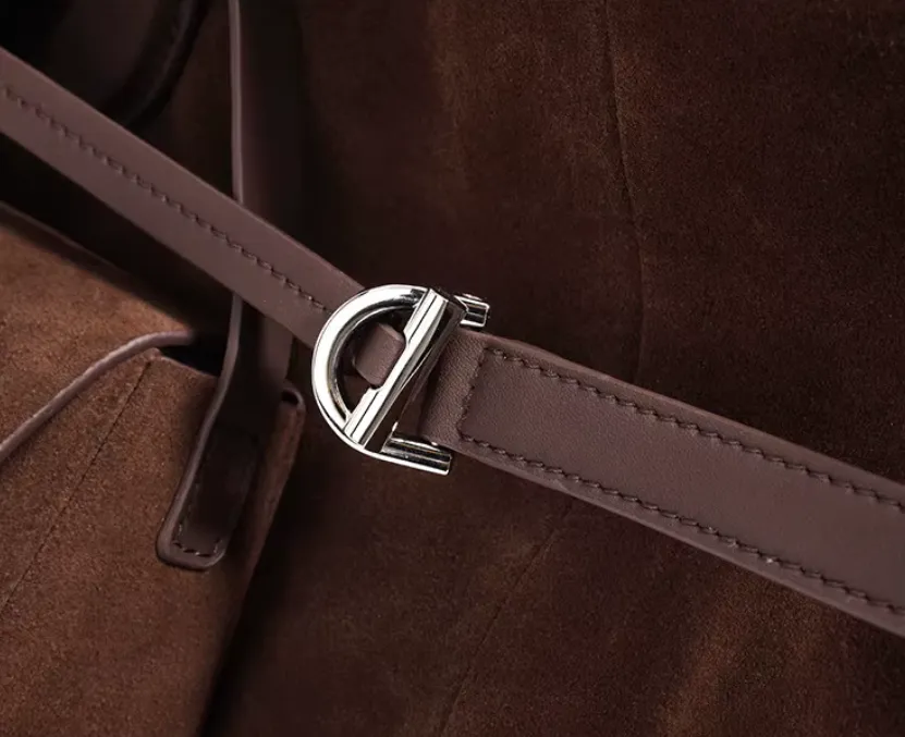 Suede and Leather Tote Bag with Detachable Pouch