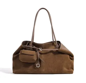 Suede and Leather Tote Bag with Detachable Pouch
