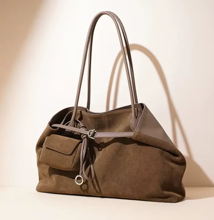 Suede and Leather Tote Bag with Detachable Pouch