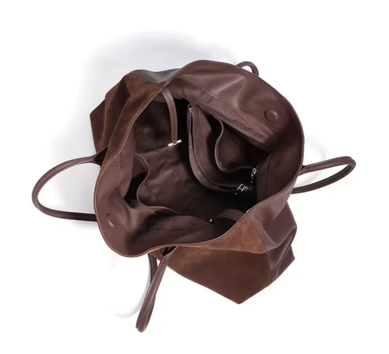 Suede and Leather Tote Bag with Detachable Pouch