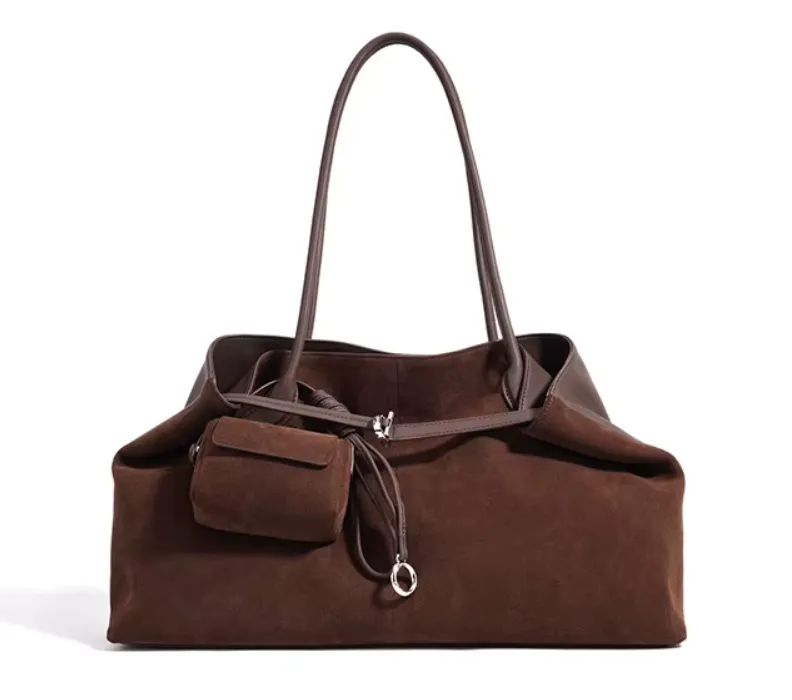 Suede and Leather Tote Bag with Detachable Pouch