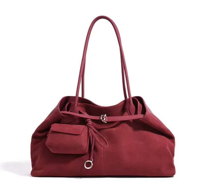 Suede and Leather Tote Bag with Detachable Pouch