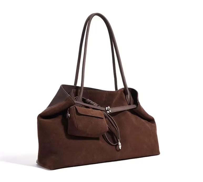 Suede and Leather Tote Bag with Detachable Pouch