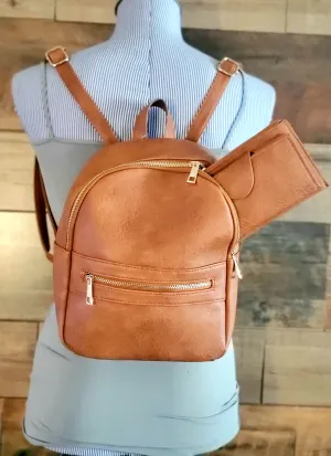 Tan Backpack Tote Bag and Wallet Set