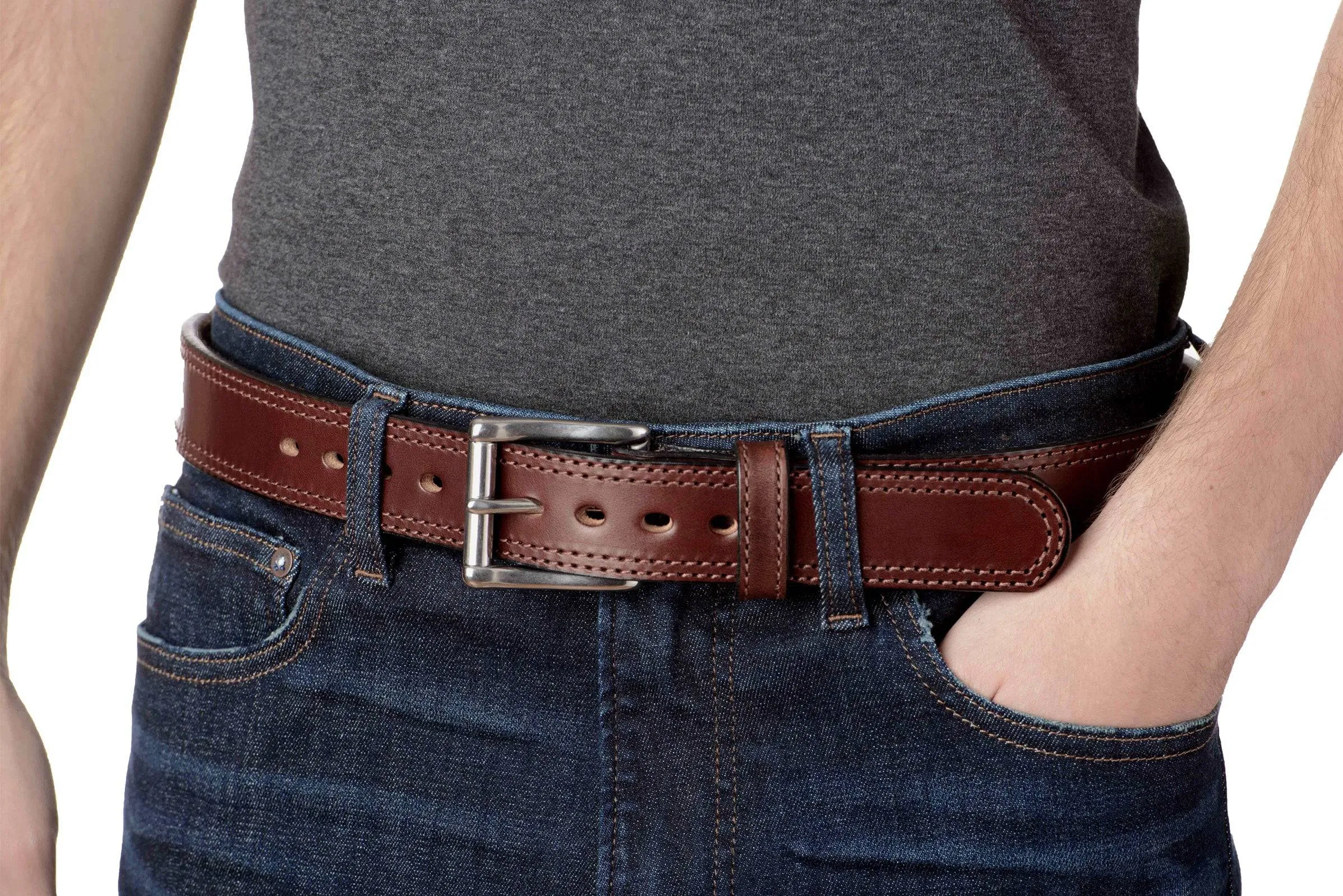 The Eastwood: Men's Brown Double Stitched Leather Belt Max Thick 1.50"