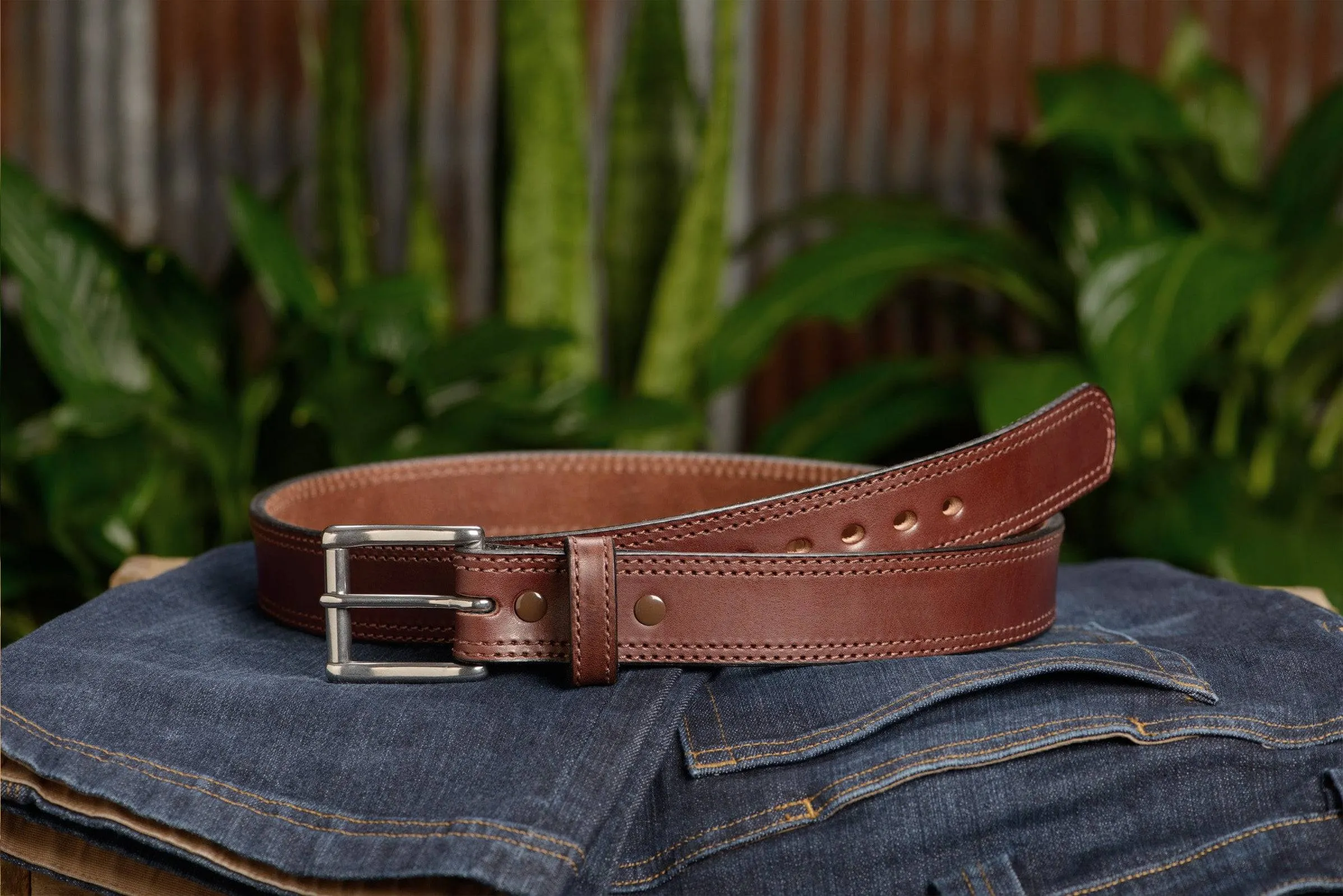 The Eastwood: Men's Brown Double Stitched Leather Belt Max Thick 1.50"