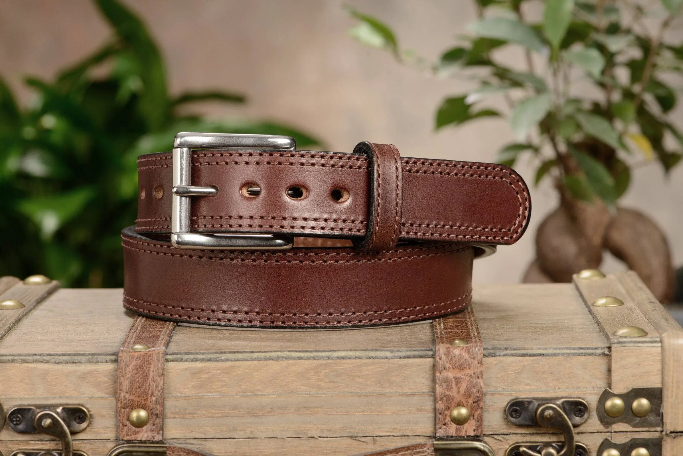 The Eastwood: Men's Brown Double Stitched Leather Belt Max Thick 1.50"