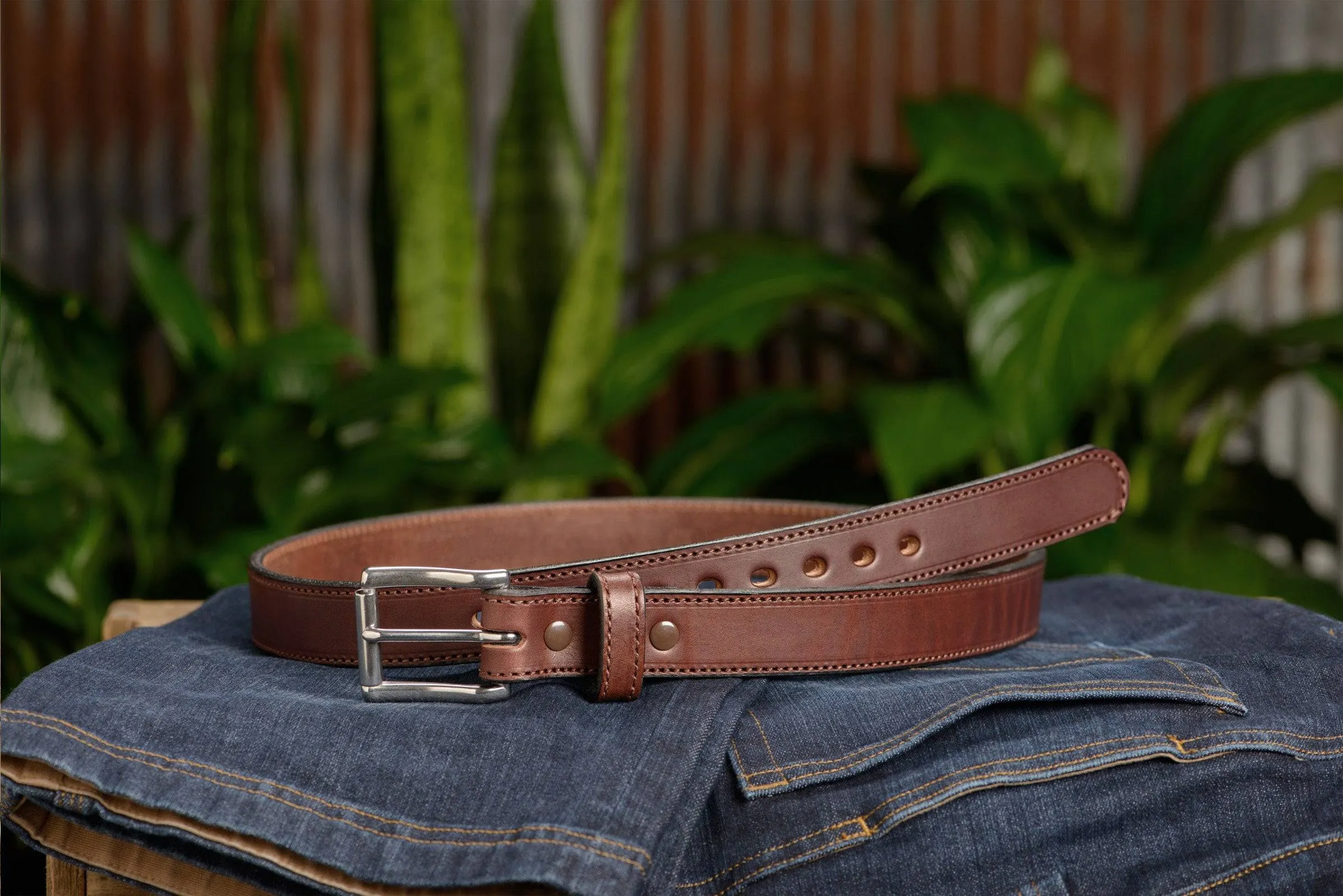 The Eastwood: Men's Brown Stitched Leather Belt Max Thick 1.25"