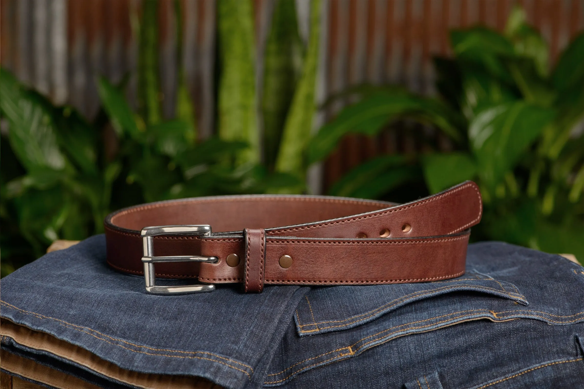 The Eastwood: Men's Brown Stitched Leather Belt Max Thick 1.50"