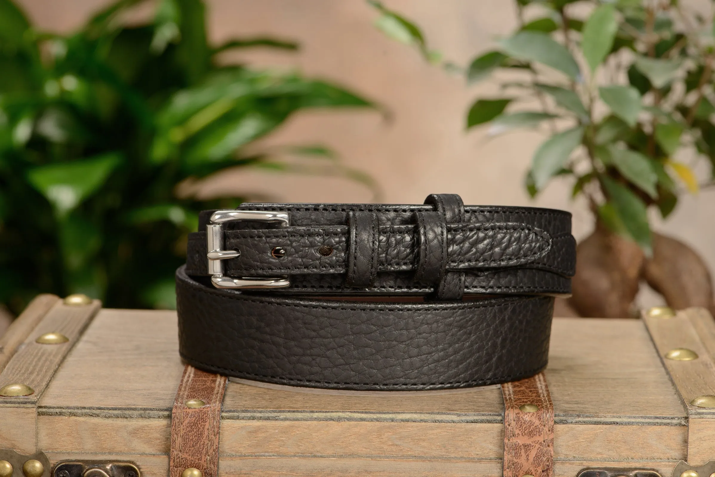 The Forester: Men's Black Stitched American Bison Ranger Leather Belt 1.50"