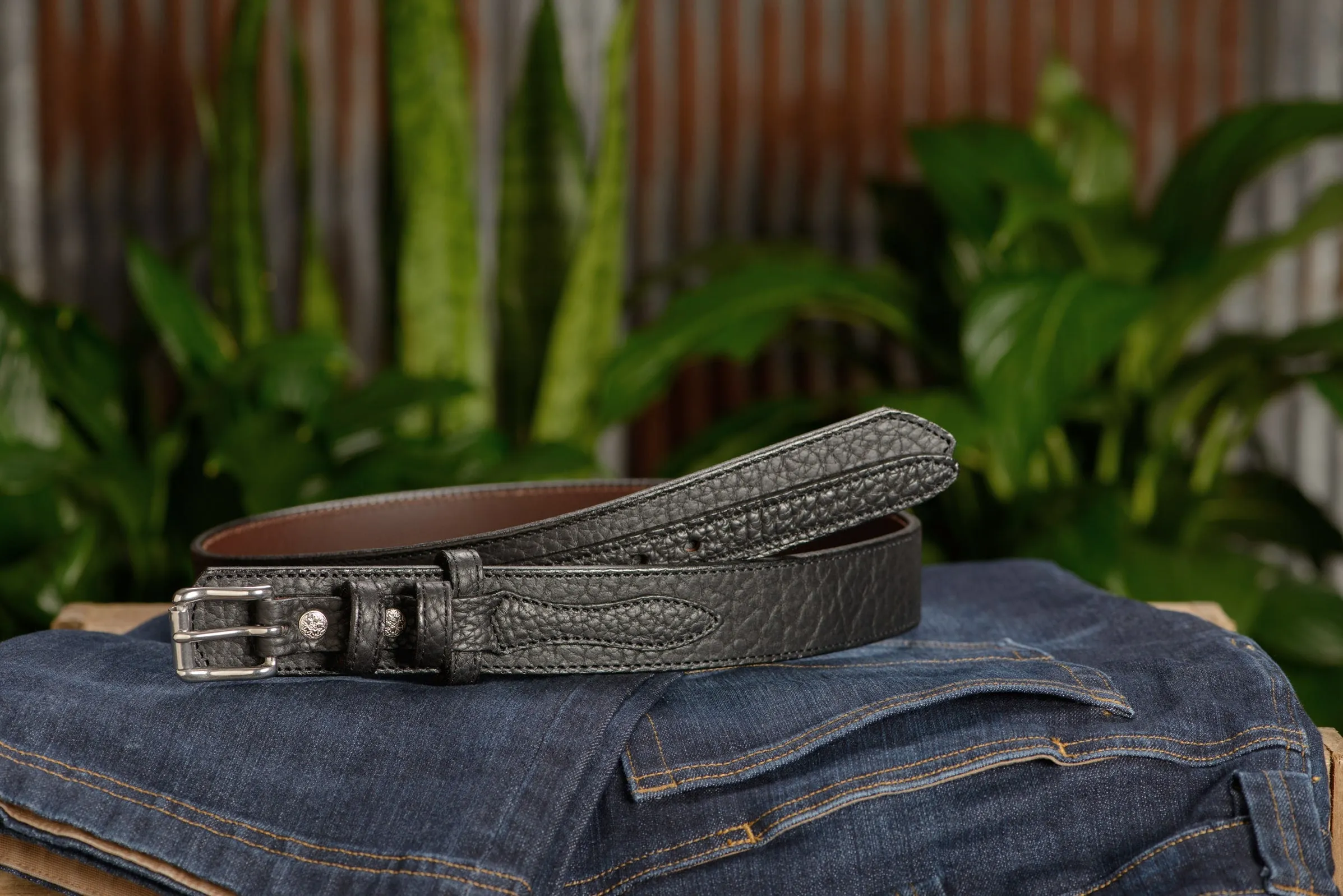 The Forester: Men's Black Stitched American Bison Ranger Leather Belt 1.50"