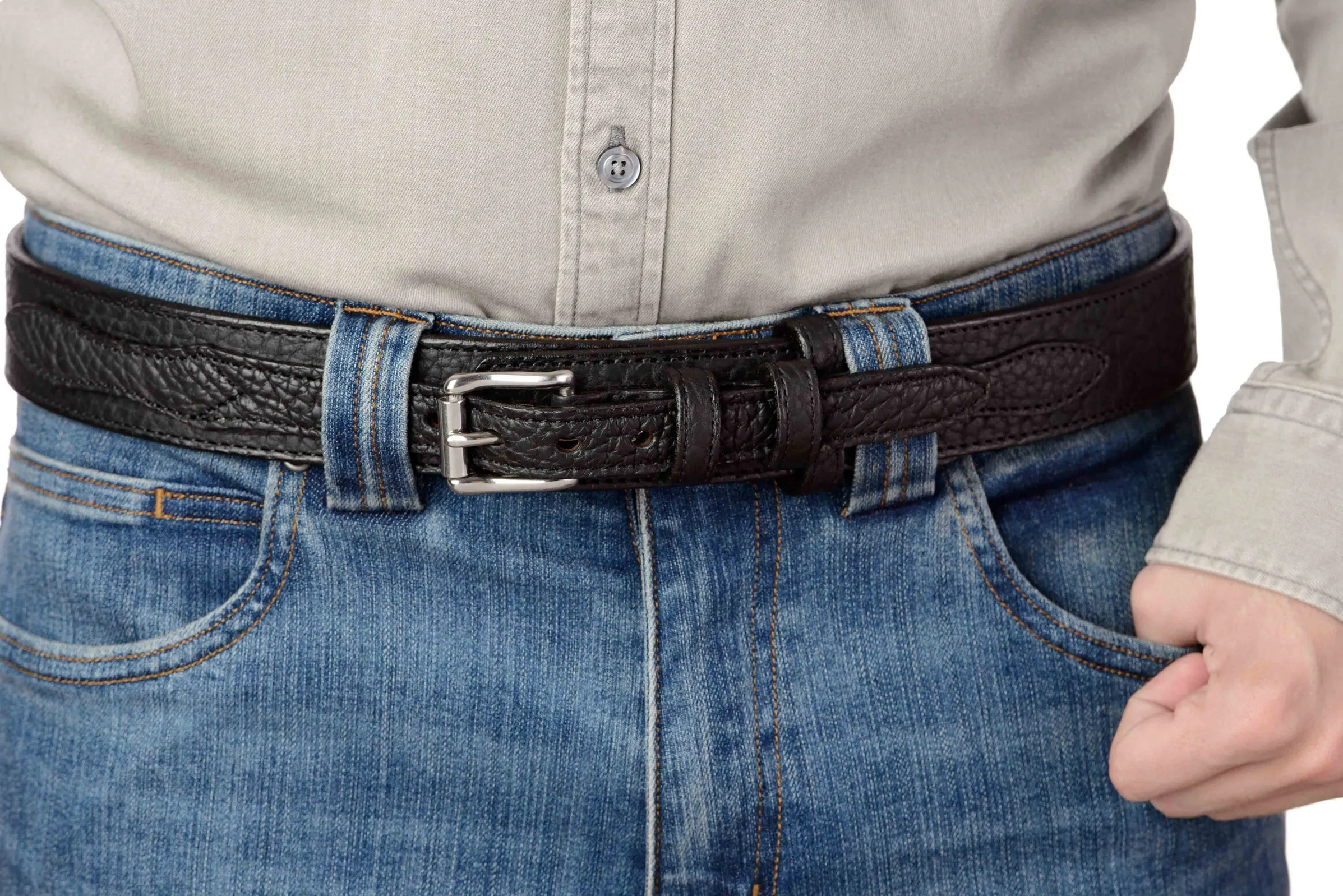 The Forester: Men's Black Stitched American Bison Ranger Leather Belt 1.50"