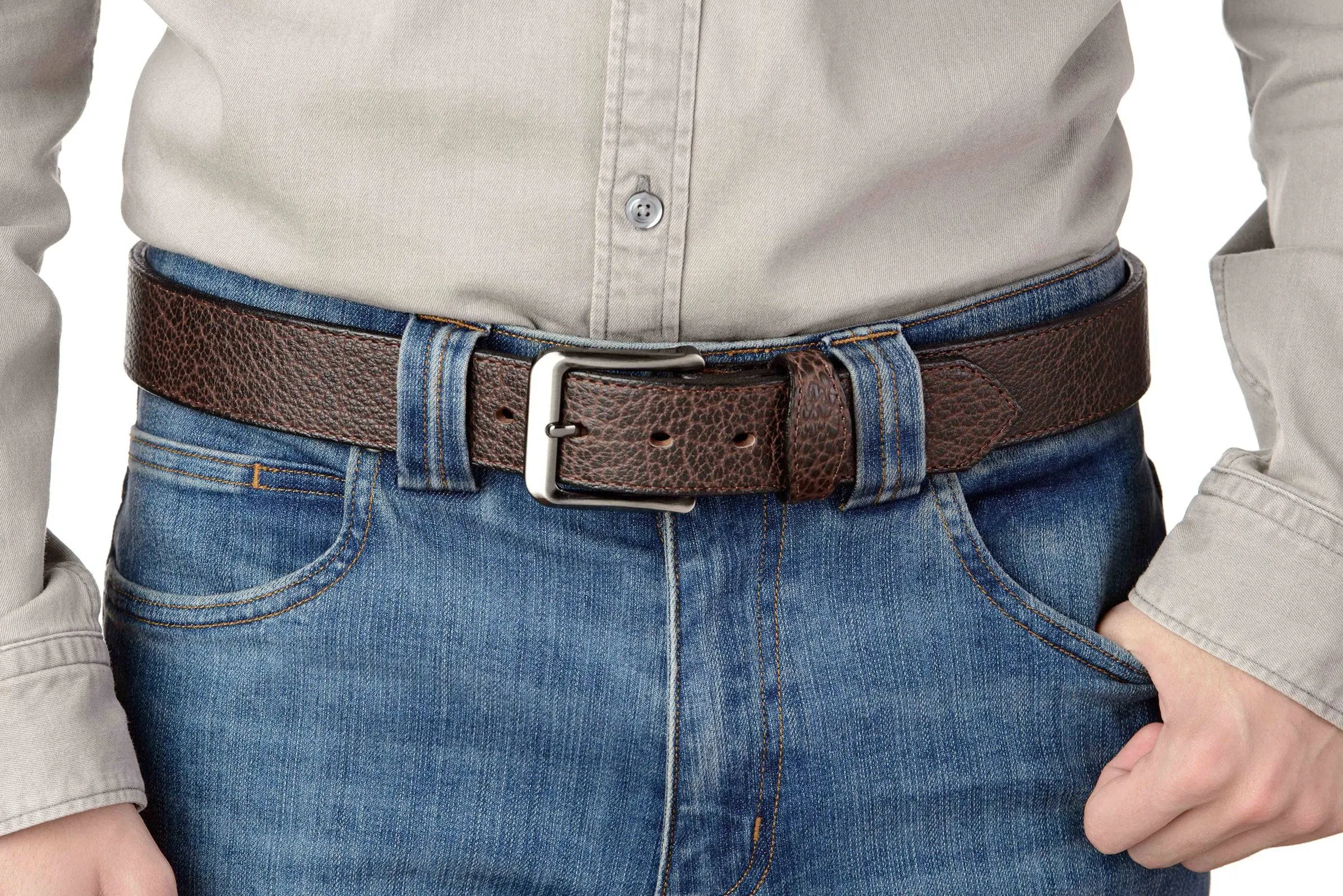 The Forester: Men's Brown Stitched American Bison Leather Belt 1.50"