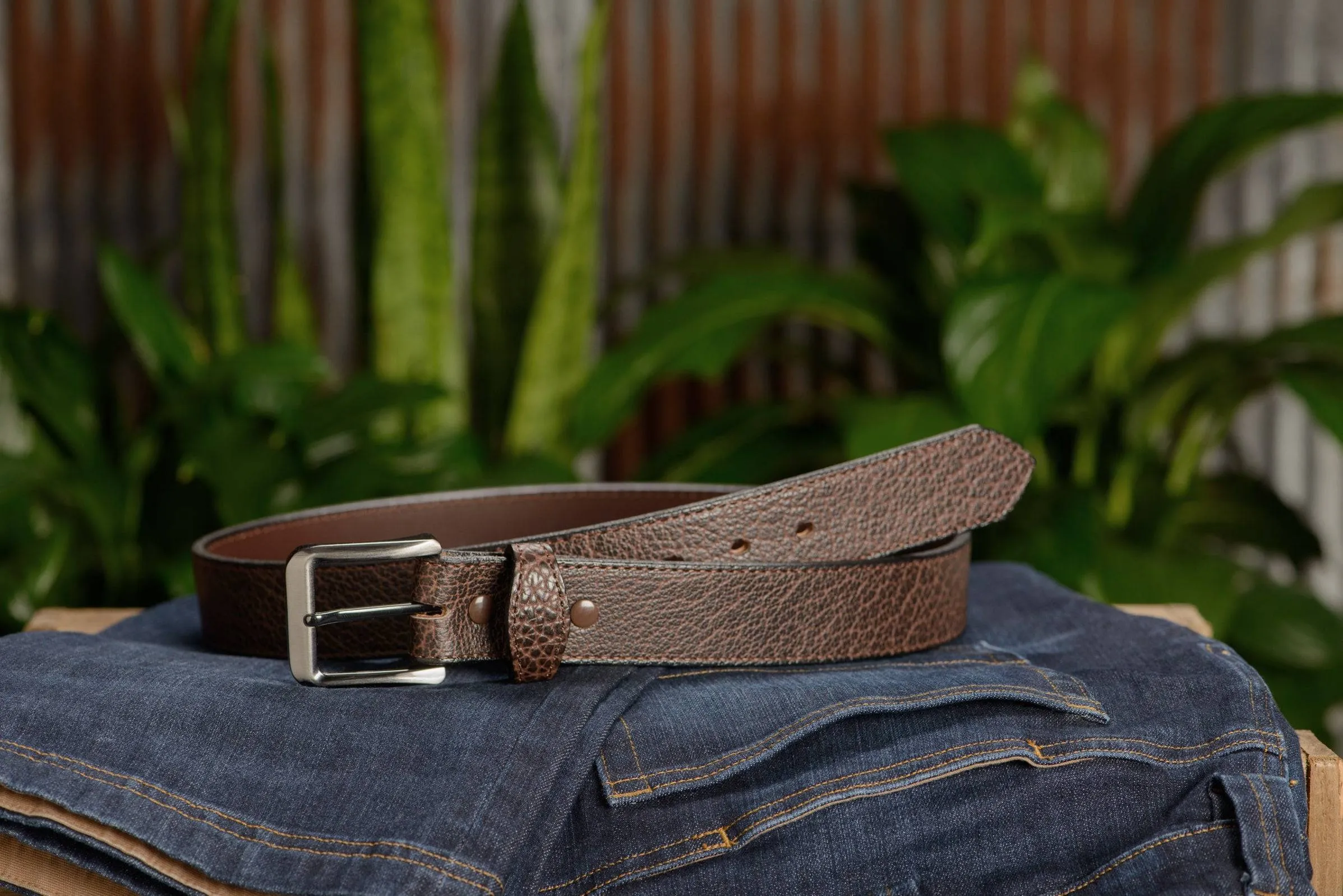 The Forester: Men's Brown Stitched American Bison Leather Belt 1.50"