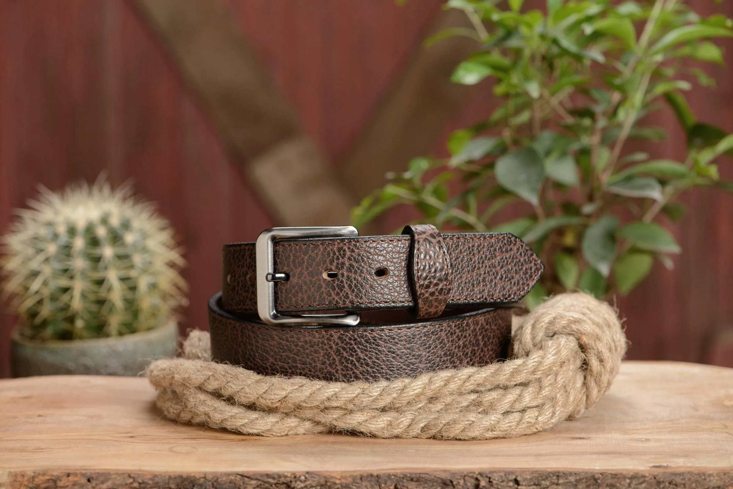 The Forester: Men's Brown Stitched American Bison Leather Belt 1.50"