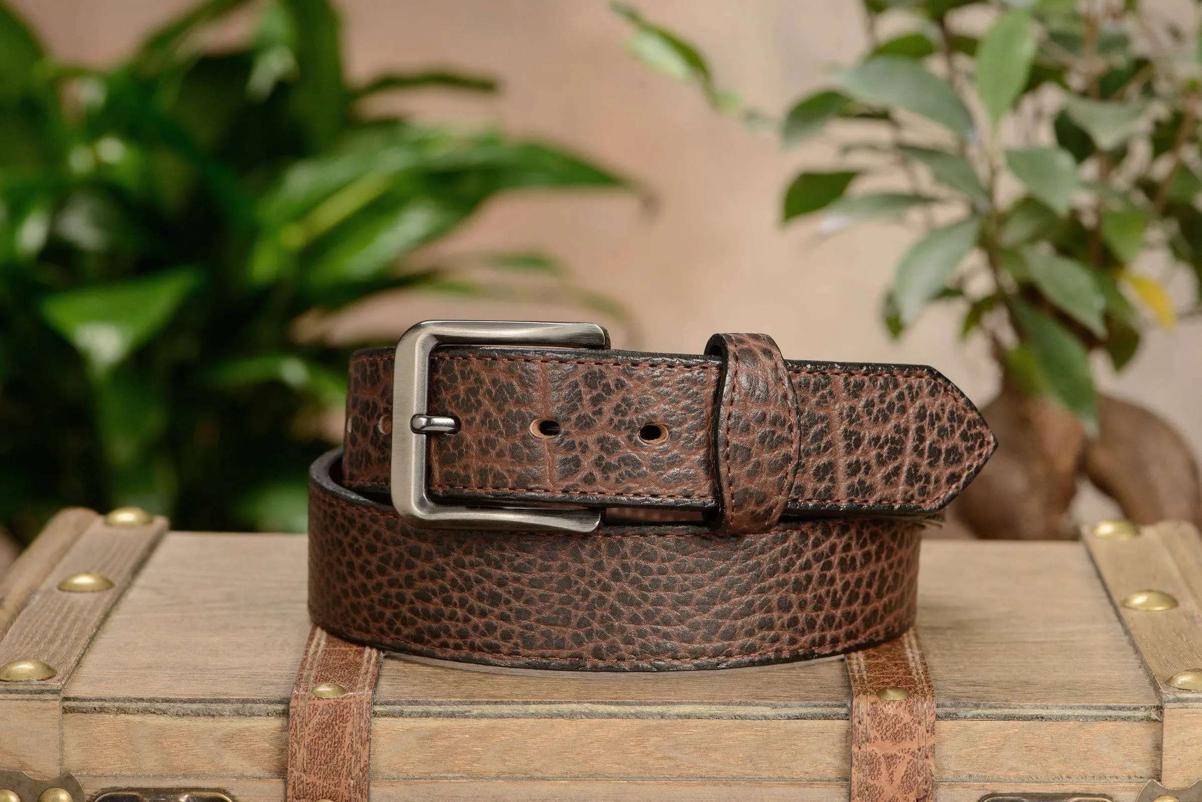 The Forester: Men's Brown Stitched American Bison Leather Belt 1.50"